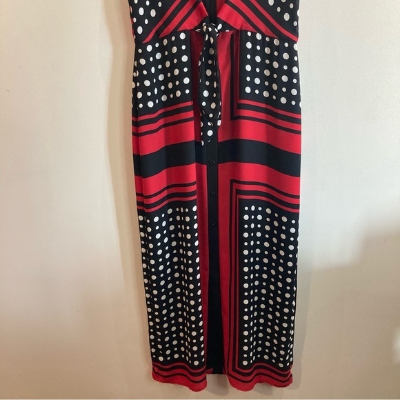 JOSEPH RIBKOFF Sz 10 Polka Dot Red Stripe Square Front Bow Lined Midi Dress - Picture 6 of 13